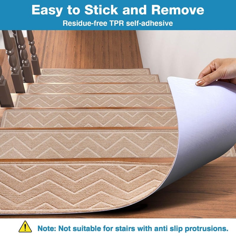 DK177 Stair Treads for Wooden Steps, 15 Pack 8"x30" Non-Slip Indoor Carpet Stair Treads with Reusable Polyester TPE Backing for Kids Elders and Pets (Beige, 15PCS) - Image 4